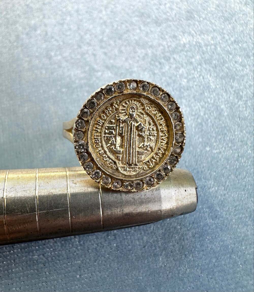 Sterling Silver Saint Benedict Ring Size 8.75 CZ Halo Medal San Benito Jewelry